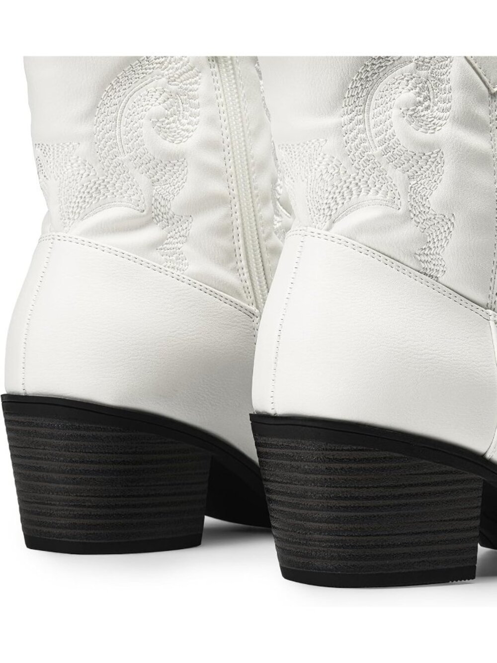 Women's White Faux Leather Embroidered Round Toe Low Chunky Heel Ankle Booties - Picture 4 of 6